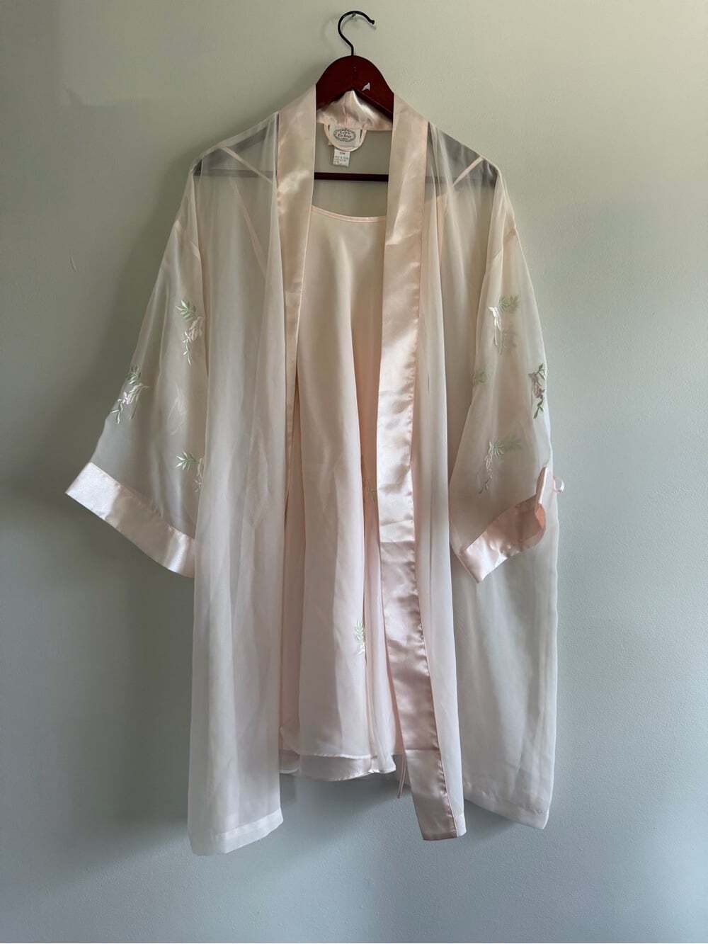 Vintage La Vie en Rose Sheer Floral Robe & Slip Set Blush Romantic Lingerie S/M
